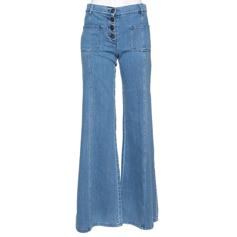 Chloe 6 / F 38 Denim Wide Flare Jeans Bell Bottom Button Fly Patch Pocket - Picture 1 of 15